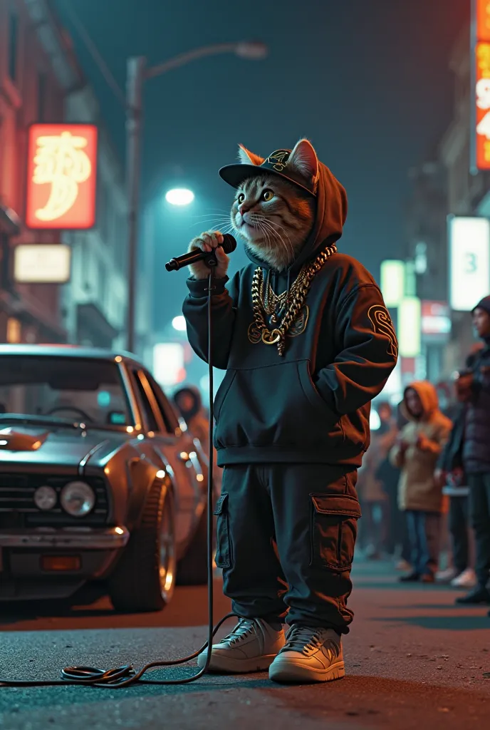 A realistic cinematic video of a cat wearing hip-hop clothes performing on a street stage at night. The cat wears a baggy hoodie, a tilted cap, sneakers, and a thick chain necklace, exuding a confident, boss-like attitude. The scene starts with the cat sit...