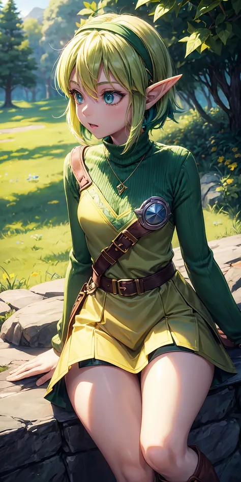 saria(The Legend of Zelda: Ocarina of Time), , small breasts, blue eyes,  yellow-green hair, short hair, green hairband, elf ears, green turtleneck sweater, yellow-green clothes, green long boots, fairy, green belt, brown ocarina, 