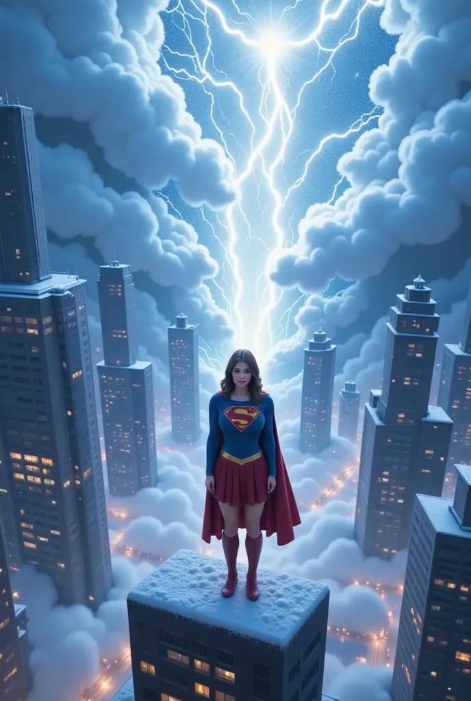 **"A breathtaking, hyper-realistic CGI render of Supergirl standing heroically atop a towering skyscraper, her powerful lungs unleashing an unstoppable blizzard of super breath. She wears her classic 1980s Supergirl costume—an ultra-textured blue bodysuit,...