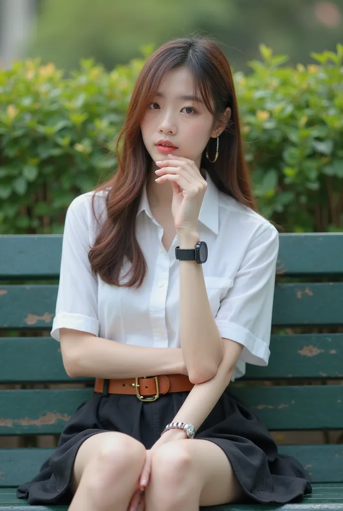  Professional 4K photo is beautifully smooth ,  , a smooth, eye-catching color. Female 3rd year university student, .} Probably in her late twenties or early thirties., Asia, seat on the side hole ,  . The dark green wooden garden bench . . She wears a whi...