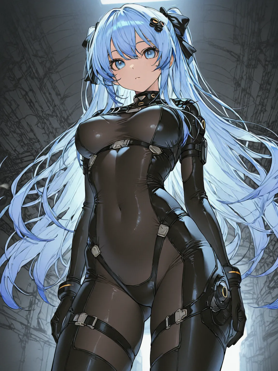 (masterpiece, best quality, extremely detailed), 
1girl, blue hair, very long hair, blue eyes, black bodysuit, bodysuit under clothes, shrug (clothing), hair bow, hair ornament,