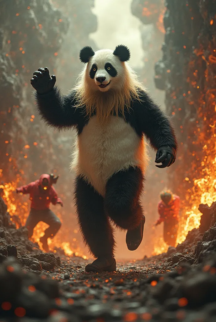 Long-haired blond man dressed as a panda bear dancing in hell with demons and flames