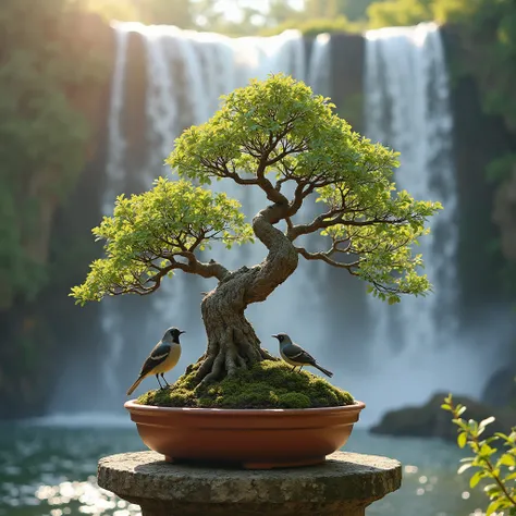 Portrait, Bonsai . It has small flowers, plump stems, beautiful foundations, twisted stems, rough old skin, stems with white dry carcasses, branches bent low like hanging from a cliff, beautiful bushes, small birds standing next to them in tall terracotta ...