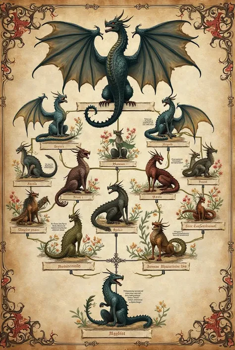 It creates the image of the family tree of a Western dragon family. The family tree looks like it was painted by a medieval amanuense