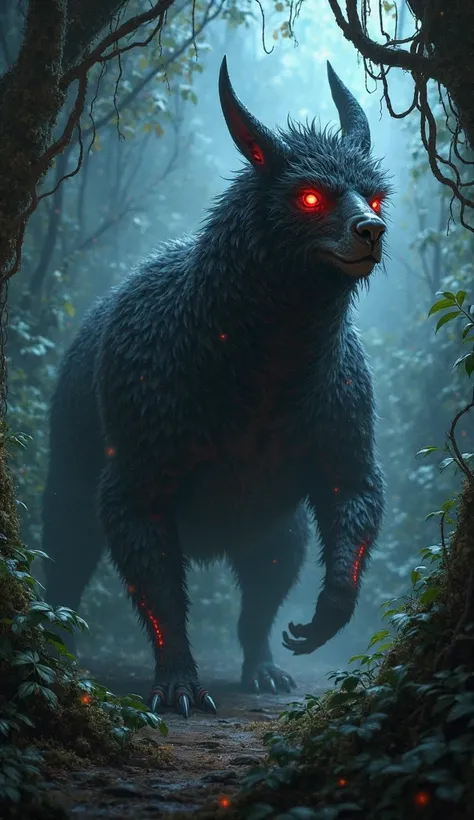 

"A hybrid creature with the powerful body of a muscular llama and the cunning agility of a mole, lurking in a shadowy, dense jungle at night. Its fur is thick and dark, blending seamlessly with the eerie environment, while its sharp mole-like claws glist...