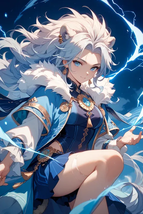 A white lion wrapped in shining blue light、A design that makes energy flow throughout the body。A pattern of light like electricity appears on the lion's mane and legs、Mysterious and powerful figure。A fantastic lion that rises in the background of the night...