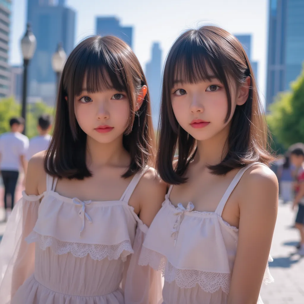 cuteloli,loli,SuchKGirl,Cutegirl,hyper realistic,HD,best quality,(14-years-old),(sexy bare_shoulders),looking at viewer,depth of field,full_body_shot,from_above,city,twins,walking,