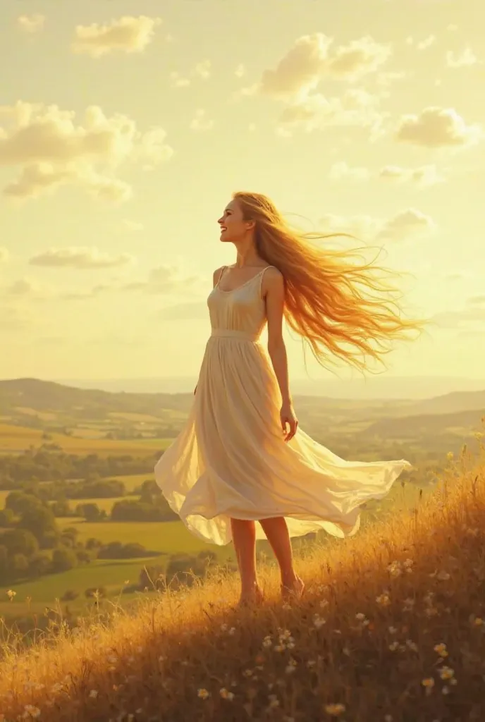 On top of the hill，the wind blows over a woman's long golden hair，A feeling of liberation