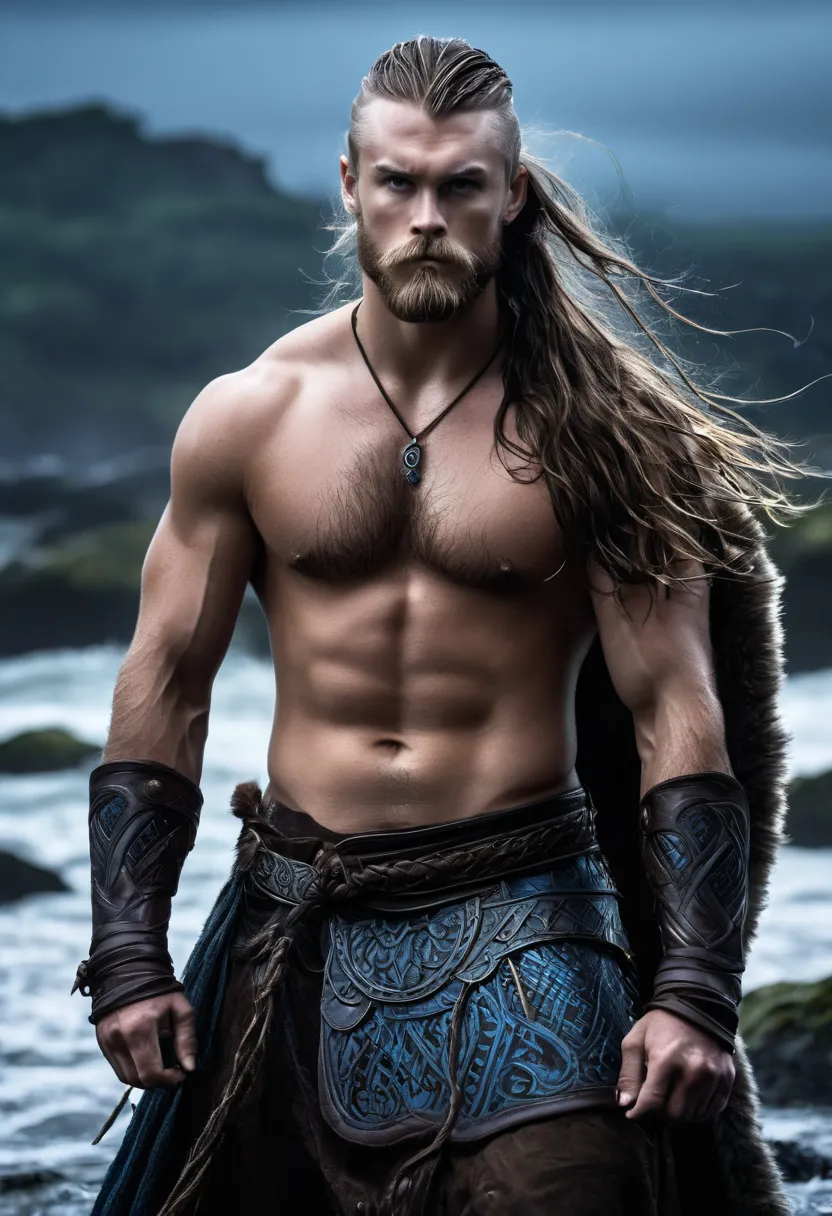 Un jeune homme incroyablement beau, mauvais garçon, Aura mystérieuse, très grand environ 1m90, musclé, bad boy, des cheveux noir long attaché, coiffure viking, rasé sur les côtés, des yeux bleus perçants, très beau et sexy, avec une épée. incroyablement be...