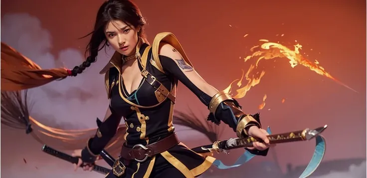 a close up of a woman holding a sword, the sorceress casting a fireball, badass pose, katana zero video game character, dungeons and dragons character, appears as the fire goddess, female earth mage, d&d dark sun character, legend of korra, avatar image, s...