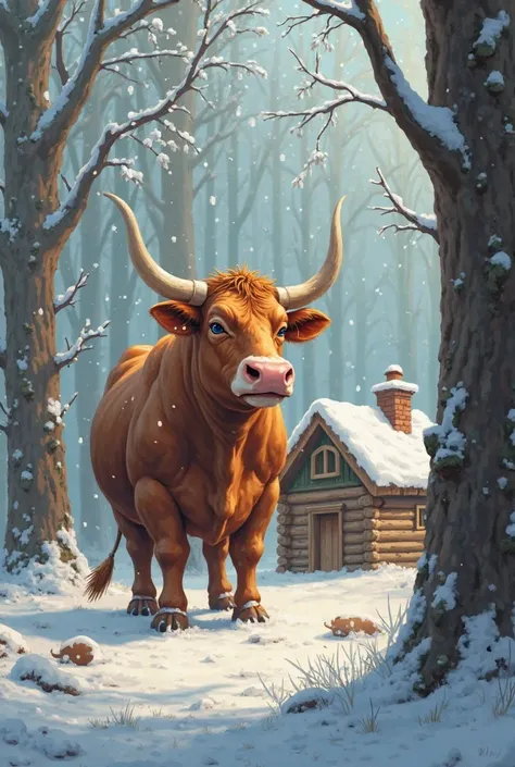 A beautiful cow stands in a snow fall forest and builds a house out of a log