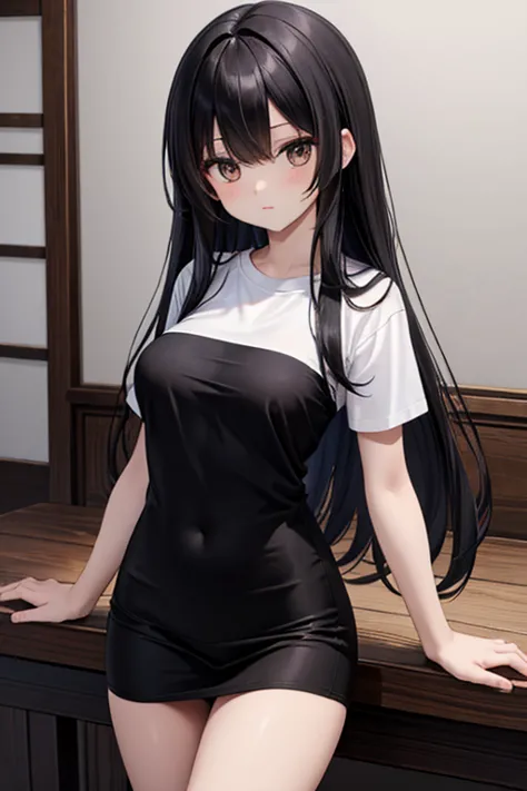 best quality, Hi-Res, 1 female,slender、Small face、brown eyes、is tall、 Black Hairbreak  、long hair、 White SHORT SLEEVE TEE BREAK 、( Black Skinny :1.2)、(beautiful woman:1.5)、Age 25、mature、black hair long hair,big breasts、
