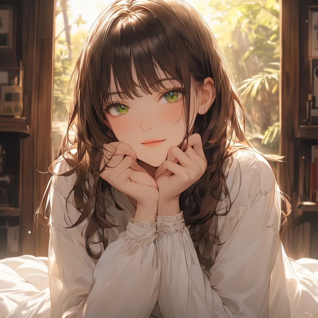 nsfw,brown hair, green eyes、Best Quality, ultra detail, illustrations、fingersmile