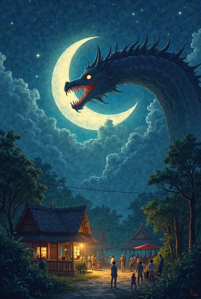 give me a picture about thisOkay, here are some ideas for 10 pictures for your flipbook about the legend of Bakunawa:
 
Page 1:  A peaceful village scene at night. The moon is full and bright in the sky. People are gathered, enjoying the night.
 
Page 2:  ...