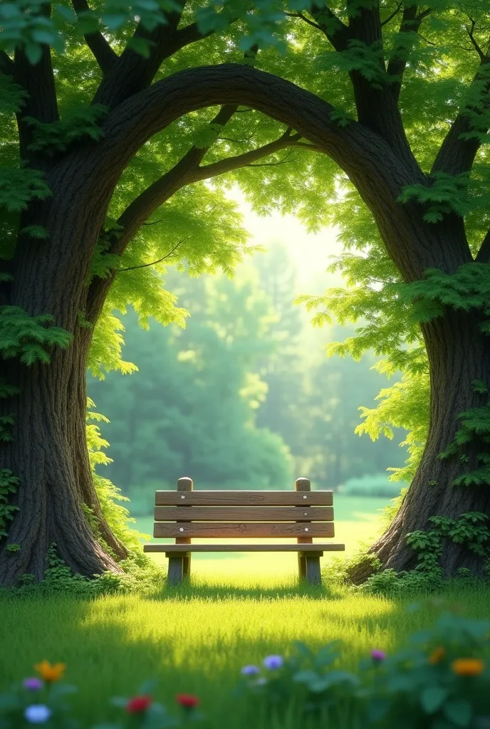 Trees that make an arch and a wooden bench in the center