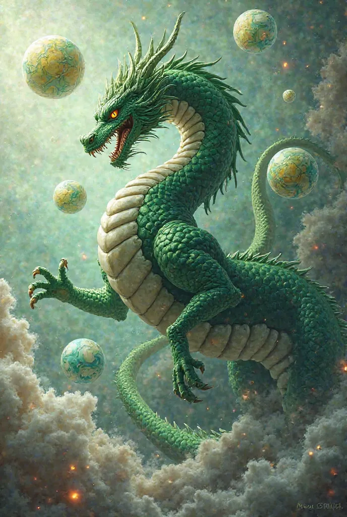 Dragon Sheilong from Dragon Ball, color green, and the dragon spheres around it