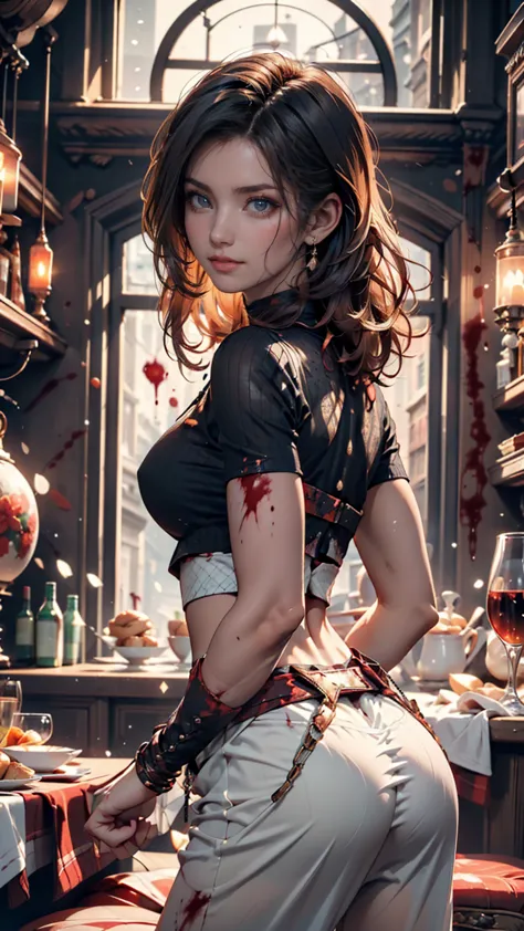 amazing, Wonderful, super image quality, realistic, girls, ( beautiful face 1.4), (big, constricted waist with lots of blood), long hair, indoors, Bokeh, Beautiful light,  shiny skin that sticks out your butt, small head, smile,  dinner party,  cups