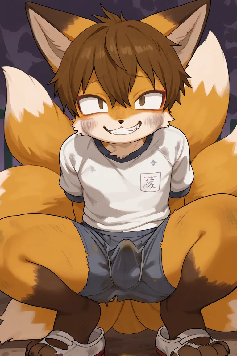 Furry,Kemono,fox,transformation,young boy,torn_clothing,gym_uniform,torn t-shirts,(torn)shoes,front_view,evil smile,9tails,big_tail,middle brown hair,erection under clothing,crouching,dirty Underwear,grey boxer brief,one person,school