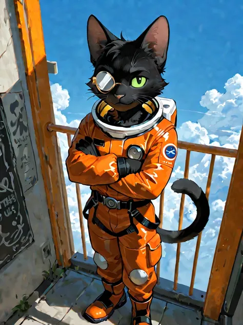 1 guy, black cat furry, (orange spacesuit), cool, casual kindness, smile, arm-crossed, from above, Monocle over left eye, SF, Wind, blue sky, masterpiece, Best Quality