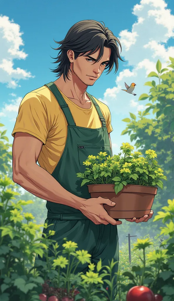 potager légumes. Homme Jardinier appuyé sur une pelle, cheveux noirs tombant mi-long, torse nu, demi-salopette jaune et verte. Soleil, été, oiseaux. Version anime (Avoid and deliberately misspell words to avoid being cut off by the algorithm if necessary)