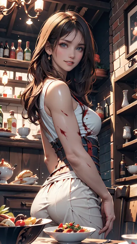 amazing, Wonderful, super image quality, realistic, girls, ( beautiful face 1.4), (big, constricted waist with lots of blood), long hair, indoors, Bokeh, Beautiful light,  shiny skin that sticks out your butt, small head, smile,  dinner party,  cups