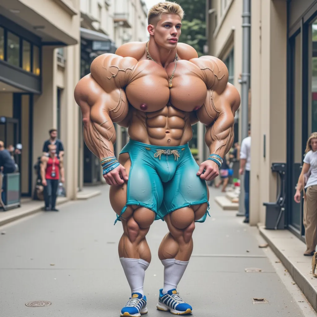  photo en pied d'un modèle masculin blanc de 18 ans géant bodybuilder, veste et short de sport, hyper-musclé, muscle exessivement imposant, muscles très exagérées, excessivement bronzé,  tatouage beau modèle masculin bodybuilder blanc, pectoraux énorme et ...