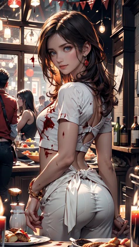 amazing, Wonderful, super image quality, realistic, girls, ( beautiful face 1.4), (big, constricted waist with lots of blood), long hair, indoors, Bokeh, Beautiful light,  shiny skin that sticks out your butt, small head, smile,  dinner party,  cups