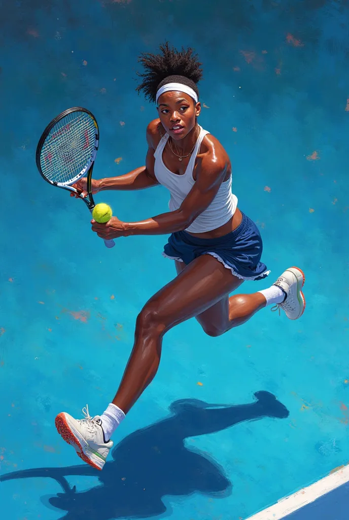 Short-haired mulatto tennis player in league action on the blue skirt court  