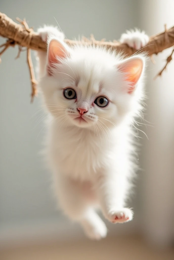 "An adorable white kitten hanging in a cute way, holding delicately on a border or branch.  His big, bright eyes convey sweetness and curiosity , while its soft paws try to balance each other. The fur is cute and well detailed,  reflecting light softly .  ...