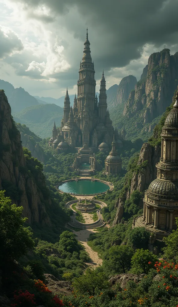 aerial drone view, Artemis planet, the planet with architecture like as 10th centurya highly detailed 8K render of a vast, alien landscape on the planet Artemis, featuring towering spires and domes of ancient stone architecture inspired by 10th century des...