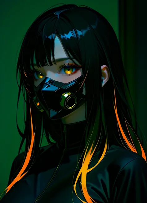 1 woman, long hair, black hair with orange highlights, golden eyes, wearing a black mask, beautiful face, wearing black clothes