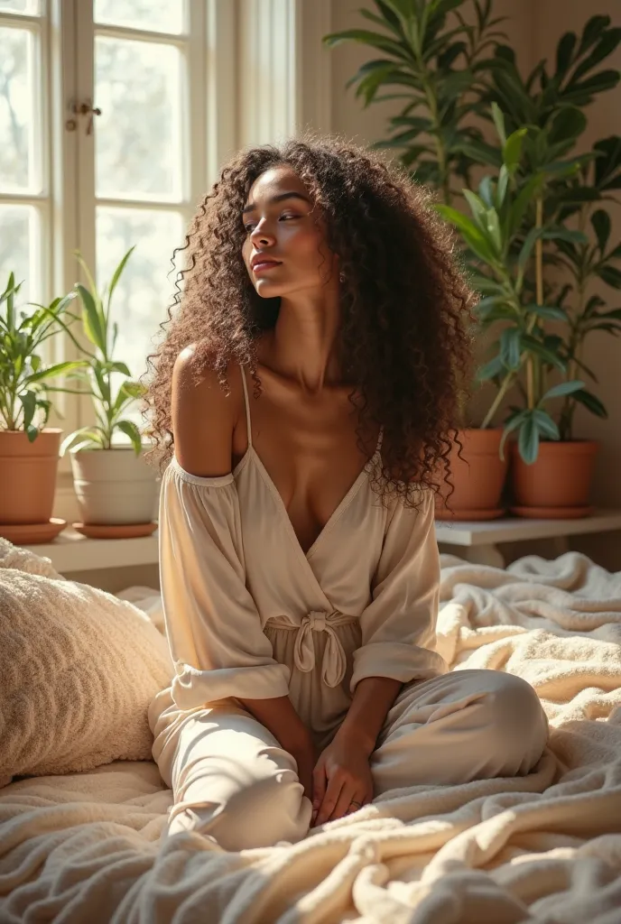 (photorealism:1.2), beautiful woman, sitting on bed, wearing loose off-shoulder top, pajama pants, long curly hair, indoors, soft lighting, plants in background, window with sunlight, cozy room, relaxed pose, realistic, intricate details, warm colors, by G...