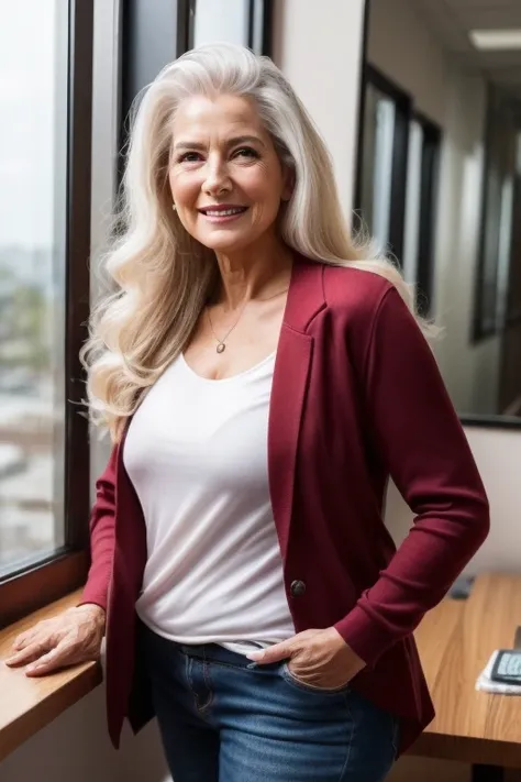  Big woman
60 years with long hair , , old face and body with many wrinkles, loose skin                    , red lips,               smiling standing near the window with a beautiful view,                    posing for the photo in the office, Slim body   ...