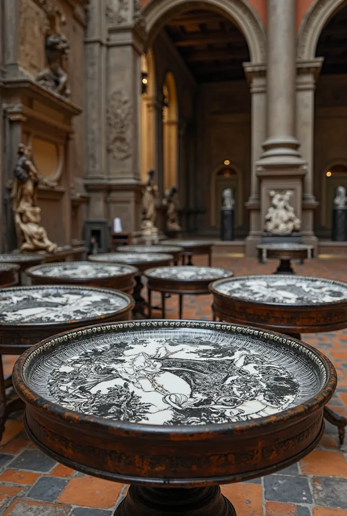 Boccanera tables. ancient plates with black and white figures, depict the mythological scenes in the museum