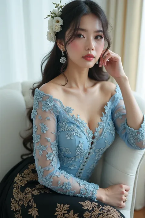 Facing front,close up,hotographic style , Elegant and elegant style , young and beautiful Sundanese woman ,clear skin,tubuh ideal,dada padat ideal,wearing a sexy traditional kebaya bridal gown ,Indonesia,  lacy elegant blue color ,bahan bruket,with long sl...