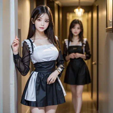 Best Quality:1.1), ( masterpiece:1.2),  high quality shadows , beautiful detail, beautiful face,  fine eyes , depth of field, Hi-Res, Best Shadow, The best light, 1 girl, watches the audience,  black hair,  smooth, dull, long hair、(maid standing in the hal...