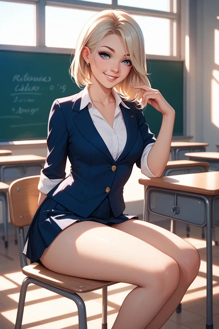 A high school girl is sitting on a classroom chair and smiling。wide thigh opening