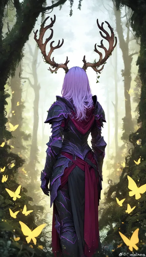 Caballero Jackalope, short purple hair, jackalope antlers, dark armor,yellow on red,crvilinea,Magical forest,(masterpiece, the best quality)