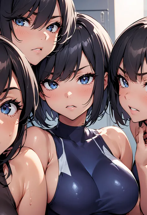 (中学生のgirls:) ,  (3人のgirls:1.8),    ( black hair:1.4),  (I have a  with a bob cut and twin tail and a ponytail:1.8)?(sunburn:1.4),   ( full body photo:1.6),girls,  ( One Piece Swimsuit:1.4),(Locker room:1.4), ,,   angry face, open your mouth slightly,   whi...