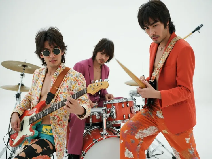 close up of Three Japanese male musicians in vibrant 1980s attire perform energetically: bassist in bell-bottoms, drummer with round sunglasses sits behind the drums, guitarist with boob hair cut . They play in pristine white studio, hyper-realistic detail...