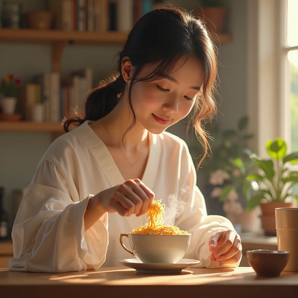 Woman making cup noodles with milk。 looks delicious。 beauty。