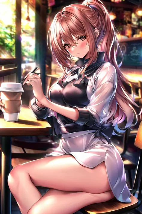 (Best Quality:1.2,  Anime Artwork ,  anime style,  studio anime , very well detailed,  latest,  vibrant, anime coloring, high contrast,  masterpiece:1.2, Best Quality, Aesthetics at its best),  Beautiful Thighs, brown hair,  high ponytail, Perfect body lin...