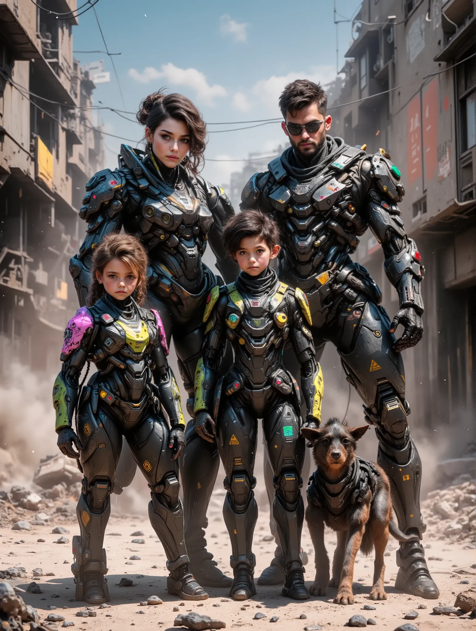 Cybernetic Family of an Man Woman girl boy and a dog, standing in the rubble of a building during the post apocalypse, daytime, ruined degraded buildings in the background, dust cloud in the background