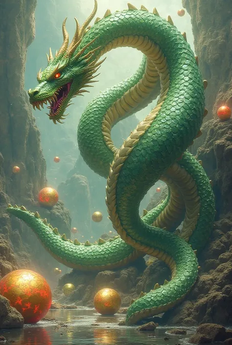 Dragon Sheilong from Dragon Ball, green, around, the yellow spheres with a red star inside