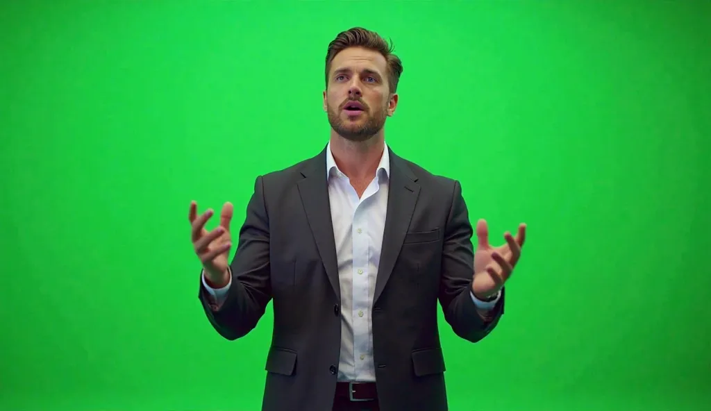 An handsome man standing in front of green screen talk about something using his both hands 