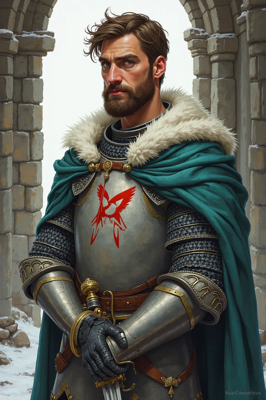 A realistic medieval fantasy portrait of Kyle Condon, a loyal sworn sword of House Manderly, stands firm in the cold halls of White Harbor. He is a sturdy man in his thirties, with a weathered face, short brown beard, and sharp grey eyes that quietly obser...