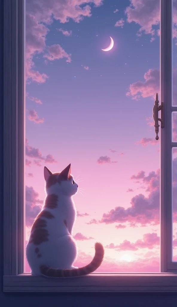 This serene image captures a cat sitting on a ledge or windowsill, gazing out at the sky during twilight or dawn. The sky is a beautiful gradient of soft purple and pink hues, with scattered clouds adding to the peaceful ambiance. A crescent moon is visibl...