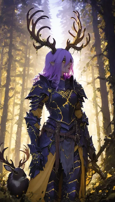 Caballero Jackalope, short purple hair, jackalope antlers, dark armor,yellow on red,crvilinea,Elvish Forest,(masterpiece, the best quality)