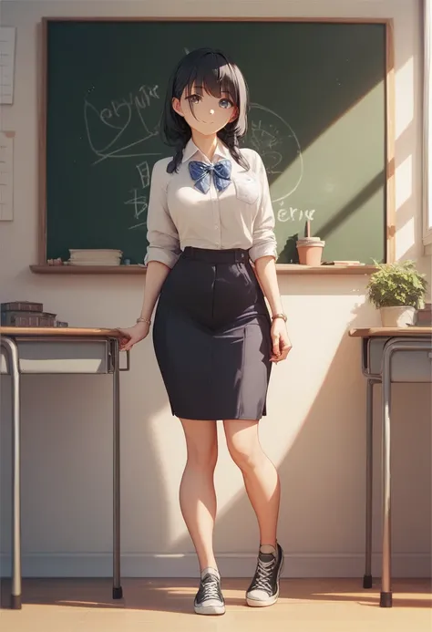  Female Teacher、 chalkboard、 black hair、bangs、standing、full body、front、 Low、cute