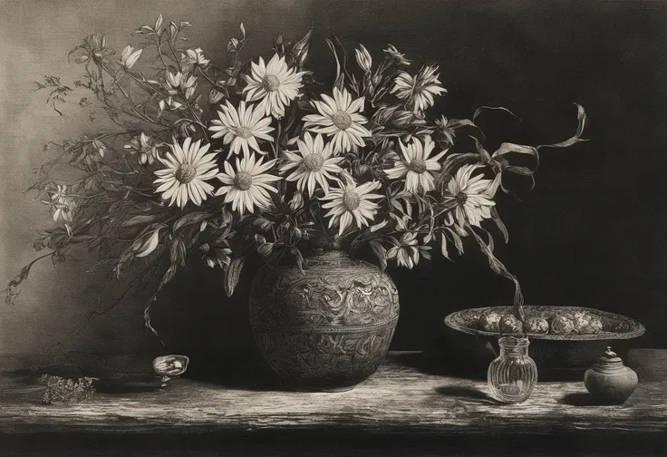   there is a vase with flowers on the table , mezzotint, Mary Delaney , Photoengraving, on dark paper, by Anne Dunn, by Eugeen Van Mieghem, on black paper,  Pencil and Vine Charcoal Drawing , Botanical Paintings ,  etching , by Charlotte Harding, , black a...